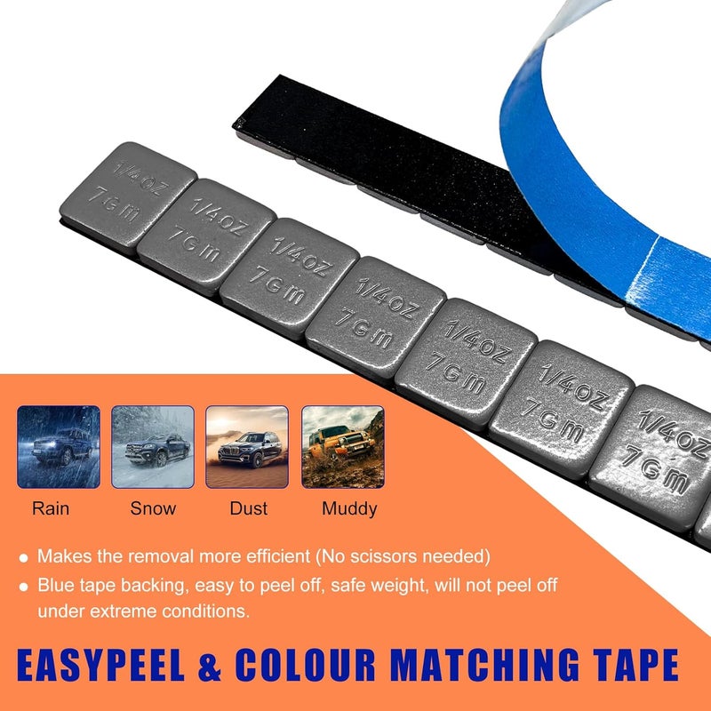 MUQIDA 96PCS 1/4 Oz Adhesive Backed Wheel Weights, 0.25Oz Tire Balancing Wheel Weights with Strong Adhesive, EasyPeel Type Low Profile Tire Weight Strip Box for Car Truck SUV Motorcycle - Image 3